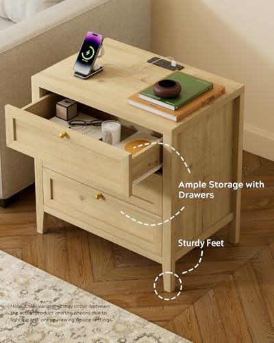 3 Drawer Nightstand Set of 2, Farmhouse Large Bedside End Table with Charging Station, Mid Century Wood Night Stand for Sofa, Bedroom, Light Oak - color: Light Oak, size: 2 PCS (3 Drawers)