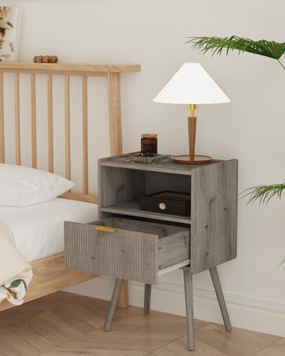 Veegle Nightstand,Modern Bedside Table with Storage Drawer and Open Wood Shelf, Accent Night Stand with Solid Wood Legs for Living Room, Bedroom and Small Spaces,Easy Assembly (Grey Oak) - color: Grey Oak