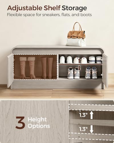 Homleke Modern Curved Entryway Shoe Storage Bench | 39.4" Wooden Shoe Cabinet with Doors, Hidden Handle Design, Holds 8 Pairs, for Bedroom & Living Room, Light Gray Oak