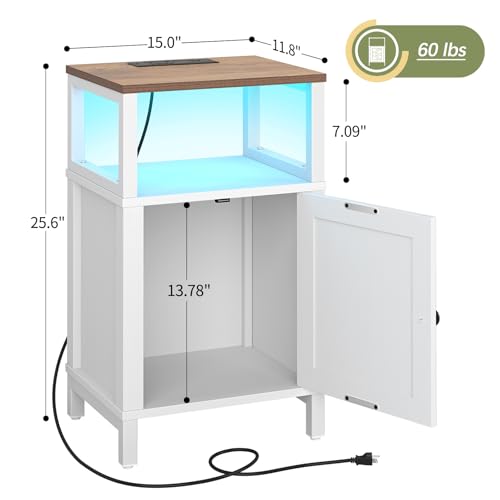 Yoobure Farmhouse NightStand with Charging Station，Wood Night Stand End Table with USB Ports, LED Bed Side Table with Storage Cabinet，Bedside Table for Bedroom, Living Room White - color: White
