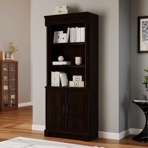 72" Roman Column Bookcase with Double Door Cabinet, 5 Tiers Tall Bookshelf Storage and Anti Tip Kit, Classic American European Modern Multi Style Design for Living Room Study Office, Dark Cherry - color: Dark Cherry, size: 5-Tier Roman Column Bookcase