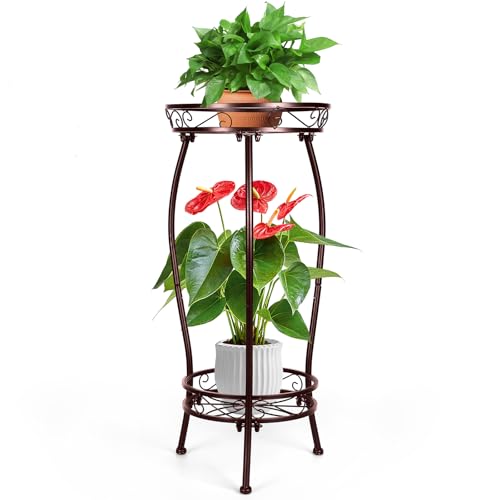 2 Tier Rustproof Iron Plant Stand - Heavy Duty Outdoor Plant Stands For Patio, Balcony Or Garden Or Planter Corner - Plant Stand Indoor (Bronze) - color: Bronze