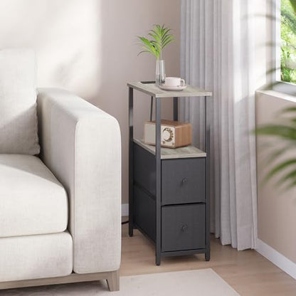 TUTOTAK Small Narrow End Table with Charging Station, Set of 2, Side Table with Outlets, Nightstand with 2 Cloth Drawers, Couch Table, for Living Room, Bedroom, Bedside, Greige TB01BG055 - color: Greige, style: 2 Drawers & Plug