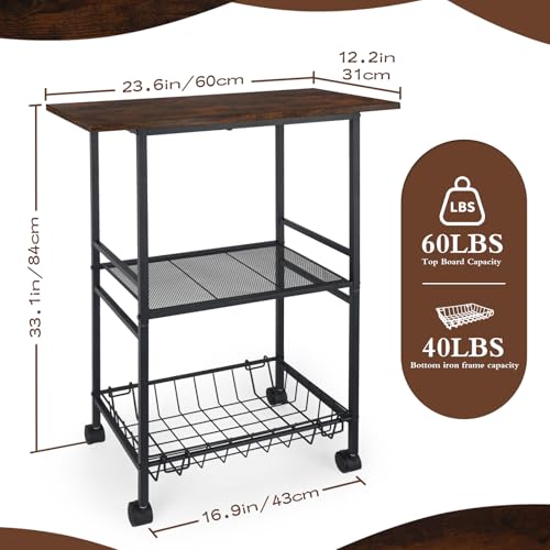 Industrial Kitchen Cart with Rustic Wood Top, Rolling Storage Utility Table, Black Metal Frame, Mesh Basket, Mobile Workstation with Wheels (23.6" D x 12.2" W x 33.1" H)