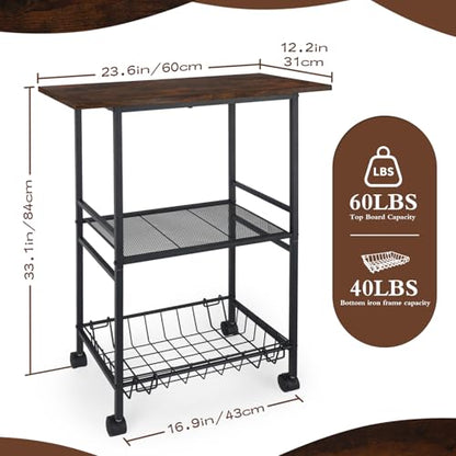 Industrial Kitchen Cart with Rustic Wood Top, Rolling Storage Utility Table, Black Metal Frame, Mesh Basket, Mobile Workstation with Wheels (23.6" D x 12.2" W x 33.1" H)