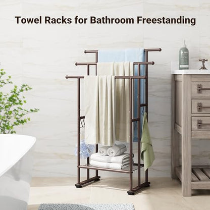 ELYKEN 3 Tier Standing Towel Rack, 40'' Tall Towel Drying Rack Outdoor, Freestanding Floor Towel Rack with Shelf, Pool Towel Blanket Stand, Metal Towel Racks for Bathroom freestanding, Bronze - color: Bronze