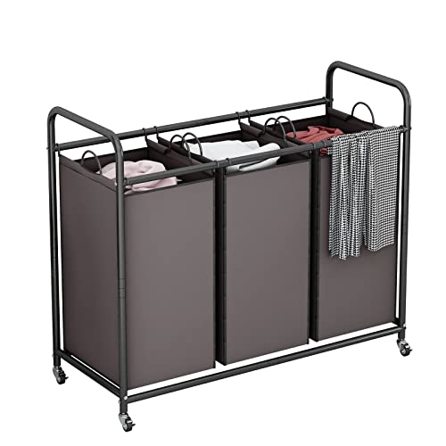 LINZINAR 3-Bag Laundry Sorter,Laundry Hamper Cart with Heavy Duty Rolling Lockable Wheels and Removable Bags (Brown) | Laundry Room Organization with Heavy Duty Rolling Lockable Wheels and Removable Bag, Bedroom Laundry Cart for Clothes Storage - size: 3