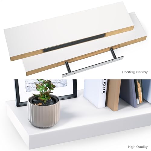 Ballucci Floating Shelves, 24" Wood Wall Shelf Set of 2, with Invisible Brackets for Bathroom, Living Room, Bedroom, Kitchen, Nursery, 6" Deep, White - color: White, size: 23.6 inches