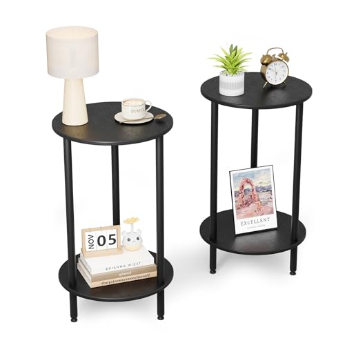 Round Side Table Set of 2, Black Round End Table with Storage, 2-Tier Modern Accent Table, Small Bedside Table for Living Room, Bedroom-Black - color: Black, size: 2PC