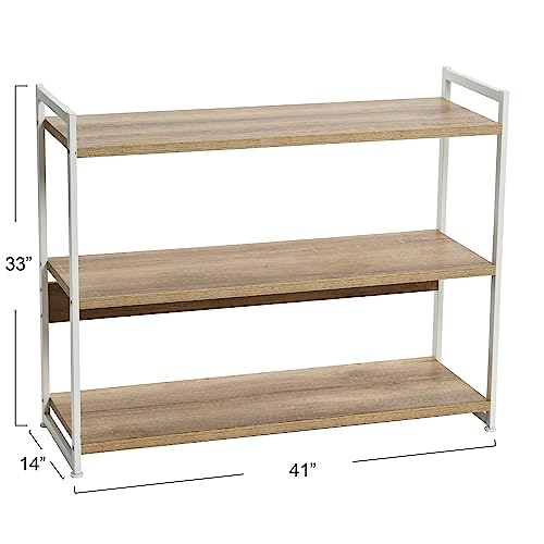 Household Essentials Jamestown Wide 3 Shelf Open Storage Bookshelf Coastal Oak Rustic Wood Grain and White Metal - color: Coastal Oak