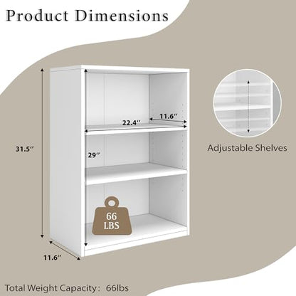 Wooden 3-Tier Bookshelf, White, 31.5" Tall | Adjustable, Open Storage Shelf Unit - color: White, size: 3-Tier