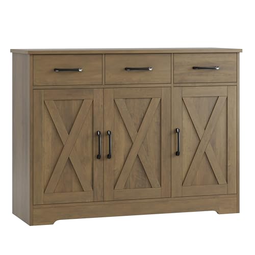 HOSTACK Modern Farmhouse Buffet Sideboard Cabinet, Barn Doors Storage Cabinet with Drawers and Shelves, Wood Coffee Bar Station for Dining Room, Kitchen, Living Room, Rustic Brown - color: Rustic Brown