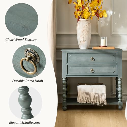 HULALA HOME Farmhouse End Table with Charging Station, 2PK Blue | Open Shelf Storage, Drawer Organization, Spindle Legs, Solid Wood Details - color: Blue