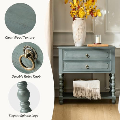 HULALA HOME Farmhouse End Table with Charging Station, 2PK Blue | Open Shelf Storage, Drawer Organization, Spindle Legs, Solid Wood Details - color: Blue