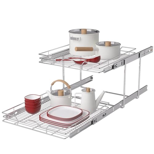 OCG 2 Tier Pull Out Cabinet Organizer (21.5" W x 18" D), Pull Out Shelves for Kitchen Cabinets, Slide Out Pantry Shelves for Base Cabinet Organization in Kitchen Bathroom Pantry, Chrome Finish - size: 21.5"W x 18"D, 2 Tier