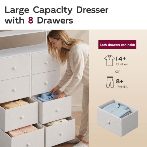WLIVE White Fabric Dresser for Bedroom, 8 Drawer Tall Chest of Drawers | Premium Bouclé Fabric Dresser, Storage Tower with Open Shelf,Easy Assembly Dresser - color: Cream White, style: Raised Shelves