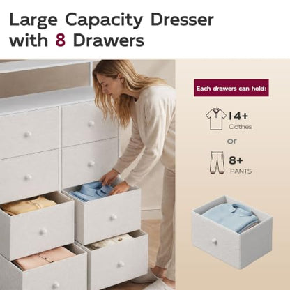 WLIVE White Fabric Dresser for Bedroom, 8 Drawer Tall Chest of Drawers | Premium Bouclé Fabric Dresser, Storage Tower with Open Shelf,Easy Assembly Dresser - color: Cream White, style: Raised Shelves