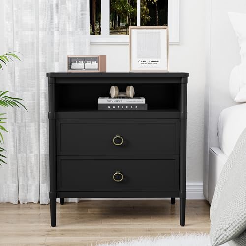 Nightstand, Mid Century Modern Night Stand with 2 Drawers and Open Shelf, Beside Table with Distressed Ring Handle for Bedroom - color: Black