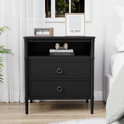 Nightstand, Mid Century Modern Night Stand with 2 Drawers and Open Shelf, Beside Table with Distressed Ring Handle for Bedroom - color: Black