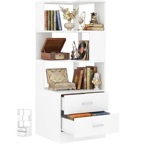 Armocity Corner Bookshelf with Drawers, 6 Tier Corner Book Shelf Display Bookcase, Freestanding L Shaped Bookshelf for Bedroom, Living Room, Home Office, White - color: White, size: 6 Tier(2 Drawers + 4 Shelves)