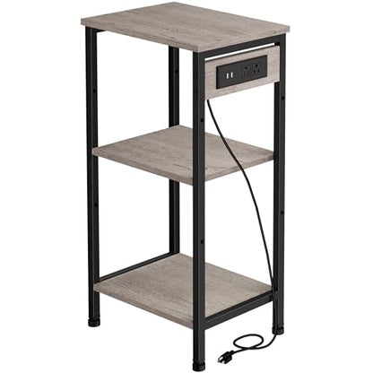 Asgolion Tall End Table with Charging Station, 3 Tier Narrow Beside Table with Adjustable Shelf, Tall Side Table Nightstand for Bedroom, Living Room Coffe Table, Office, Greige - color: Greige, size: 14.8"D x 11"W x 30"H