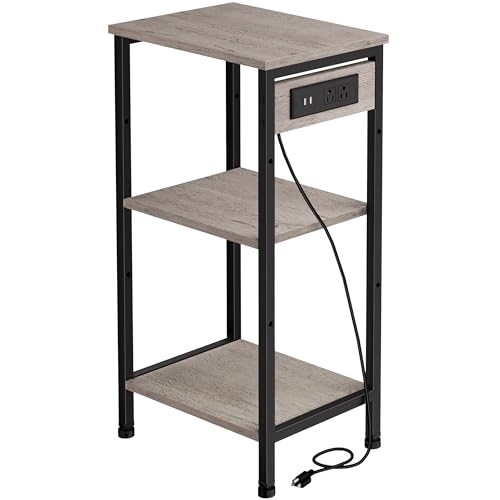 Asgolion Tall End Table with Charging Station, 3 Tier Narrow Beside Table with Adjustable Shelf, Tall Side Table Nightstand for Bedroom, Living Room Coffe Table, Office, Greige - color: Greige, size: 14.8"D x 11"W x 30"H