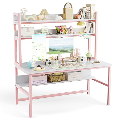 Aquzee Pink Girls Desk with Hutch, 55in Computer Desk with Bookshelf for Teens Adults, Craft Table for Bedroom Kids Room, White Pink Study Table with Shelves for Storage - color: Pink, size: 55inch