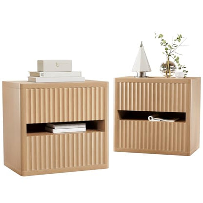 Dripex Fluted Nightstand Set of 2, 22'' Wide Night Stand with 2 Large Drawers, Mid Century Modern Wood Bedside Table with Open Shelf, Large Bed Side End Table for Bedroom, Natural Oak - color: Natural Oak
