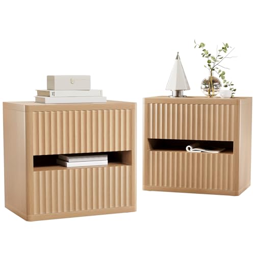 Dripex Fluted Nightstand Set of 2, 22'' Wide Night Stand with 2 Large Drawers, Mid Century Modern Wood Bedside Table with Open Shelf, Large Bed Side End Table for Bedroom, Natural Oak - color: Natural Oak