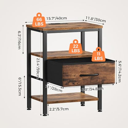 DUMOS Nightstands Set of 2 with Charging Station, Bedside Table with 1 USB-A, 1 USB-C & 2 AC Outlets, Fabric Drawer with Adjustable Open Shelf, Compact End Table for Bedroom, Rustic Brown - color: Rustic Brown, size: 15.7"Dx11.8"Wx23.4"H(1 Drawer, 2 Pack)
