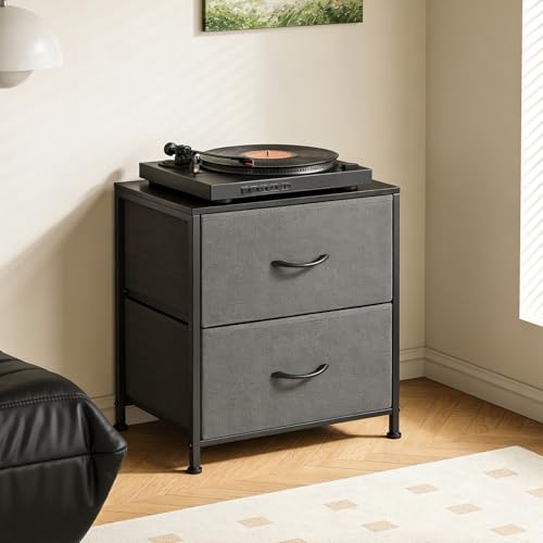 Small Dresser with 2 Drawers Fabric Nightstand for Bedroom Night Stand Bedside Table with Wood Top End Table for Small Space, Apartment, Hallway, Entryway, Metal Frame - color: Grey