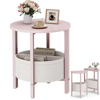 Vagusicc Small Round Side Table, Accent End Table with Storage Basket, Set of 2 Half Round Coffee Table End Table, Half Moon Bedside Table, Modern Nightstand Couch Table for Living Room Bedroom, Pink - color: Pink