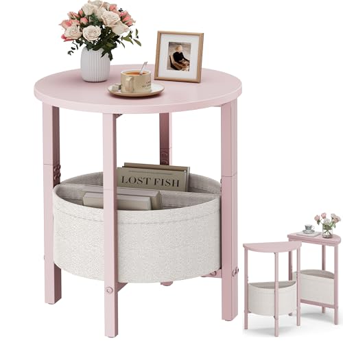 Vagusicc Small Round Side Table, Accent End Table with Storage Basket, Set of 2 Half Round Coffee Table End Table, Half Moon Bedside Table, Modern Nightstand Couch Table for Living Room Bedroom, Pink - color: Pink