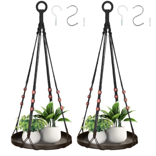 GREANER 2 Packs Hanging Planters Holder, Brown Plant Shelf with Large Tray, Macrame Plant Hanger for Window, Wall, Ceiling, Corner Decor - color: Brown