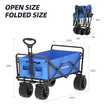 EchoSmile Heavy Duty 350 Lbs Capacity Collapsible Wagon, Outdoor Folding Camping Grocery Portable Utility Cart, Adjustable Rolling Carts, All Terrain Sports Wagon with Big Wheels (Blue) - color: Blue