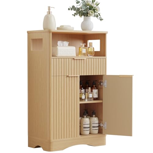 Bathroom Storage Cabinet, Freestanding Floor Storage Organizer with 2-Doors, 1-Drawer and Adjustable Shelf, Small Storage Unit for Bathroom, 23.6" W x 12.2" D x 38.9" H (Wood) - color: Wood