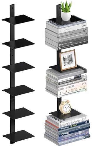 Floating Book Shelves for Wall, 6 Tier Invisible Floating Bookshelf, Vertical Spine Book Tower, Wall Mounted & Space Saving, Heavy Duty Metal Book Organizer for Home Office, 3 Pack Black - color: Black, size: 3PC-6 Tier