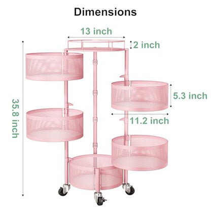 SAYZH Fruit Vegetable Basket for Kitchen, Rotating Storage Rack, 5 Tier Rolling Cart with top lid, Large Metal Wire Wheels, Pink - color: Pink