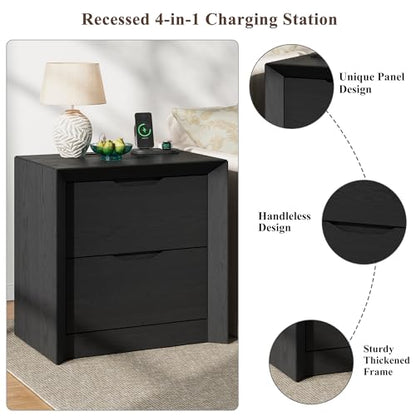 YANSNWO Black Nightstand with Charging Station, 23.6" Modern Bedside Table with Thickened Frame & Unique Panel, Mid Century Wood End Table for Bedroom, Living Room - color: Black, size: 15.6"D x 23.6"W x 23.6"H (2 Drawers)