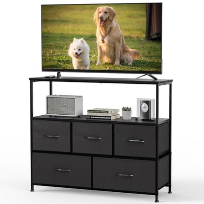 DUMOS TV Stand Dresser with 5 Fabric Storage Drawers, Media Console Featuring Open Shelf for 45 inch TV, Compact Entertainment Unit for Bedroom, Living Space, or Dorm Organization, Black