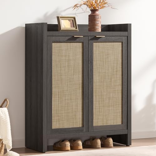 SICOTAS 41" Tall Shoe Cabinet, 24 Pair Shoe Storage Cabinet with Doors and 6-Tier Shelves, Rattan Shoe Cabinet Storage for Entryway, Farmhouse Boho Wooden Cabinet for Hallway, Black Oak - color: Black Oak, size: 1 Piece