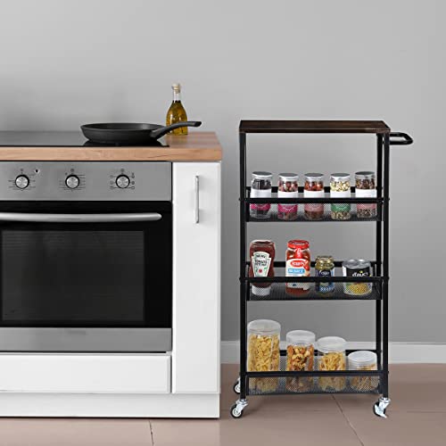 NANANARDOSO 4 Tier Slim Storage Cart, Shelving Unit for Small Space, Rolling Storage Cart with Wooden Top and Metal Handle for Narrow Space on Kitchen, Bathroom, Laundry Room, Black. - size: 4 Tier(Brown)