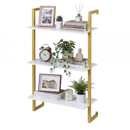Giantex 3-Tier Wall-Mounted Bookshelf, Modern Floating Storage Display Shelves with Metal Frame, Wood Open Ladder Bookcase for Living Room, Home Office, Kitchen, White + Gold - color: White + Gold