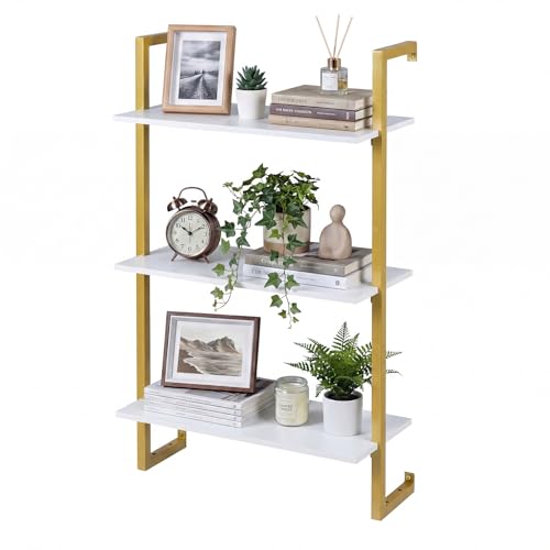 Giantex 3-Tier Wall-Mounted Bookshelf, Modern Floating Storage Display Shelves with Metal Frame, Wood Open Ladder Bookcase for Living Room, Home Office, Kitchen, White + Gold - color: White + Gold