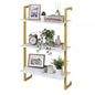Giantex 3-Tier Wall-Mounted Bookshelf, Modern Floating Storage Display Shelves with Metal Frame, Wood Open Ladder Bookcase for Living Room, Home Office, Kitchen, White + Gold - color: White + Gold