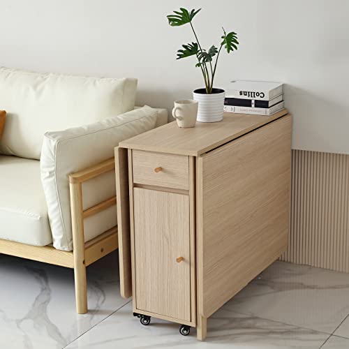 Drop Leaf Folding Dining Table with Storage, Wheels, Space Saving | Foldable Design, 18mm Thick Plywood, 300 lbs Capacity, Locking Wheels, Farmhouse Style, for Living Room Kitchen Small Spaces - color: Wood