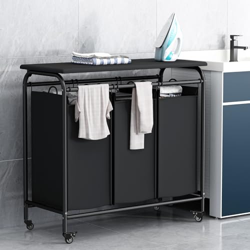 LINZINAR 3-Bag Laundry Hamper with Ironing Board, Black 135L Laundry Sorter | Laundry Room Organization with Heavy Duty Rolling Lockable Wheels and Removable Bag, Bedroom Laundry Cart for Clothes Storage - size: 3 Bags Black with Board