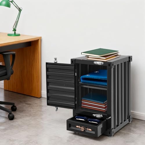 Industrial Metal Container Side Table, 3-Tier End Tables with Drawers, Bedside Table, Container Style Locker Wrought, Retro Style Metal Container Cabinet for Bar/Bedroom/Garage (Black) - color: Black