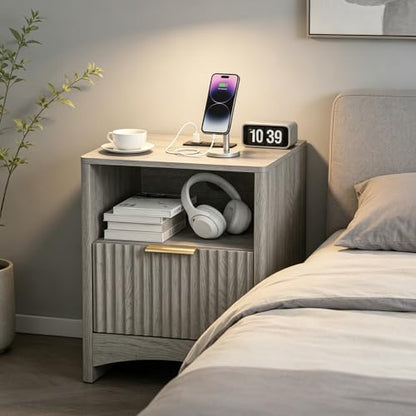 Marsail Fluted Nightstand Set of 2, Wooden Nightstands with Drawers, Modern Bedside Table with Charging Station and Storage, End Table with Storage Side Table for Bedroom, Grey - color: Grey