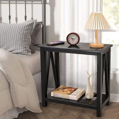 Narrow Side Table with Storage Shelf 2 Tier Wooden Nightstand Bedside Tables for Small Spaces Black Modern Accent Sofa Side Tables for Couch Living Room Bedroom Entryway - color: Wood Grain Black